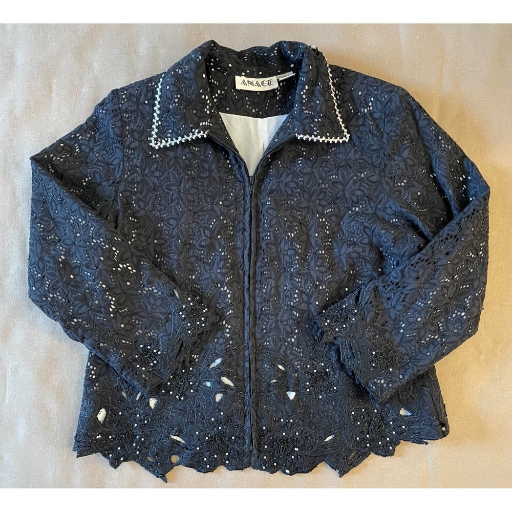 Vintage Anage Jacket Women's Sz L Black Lace Embroidery Beaded Retro Elegance